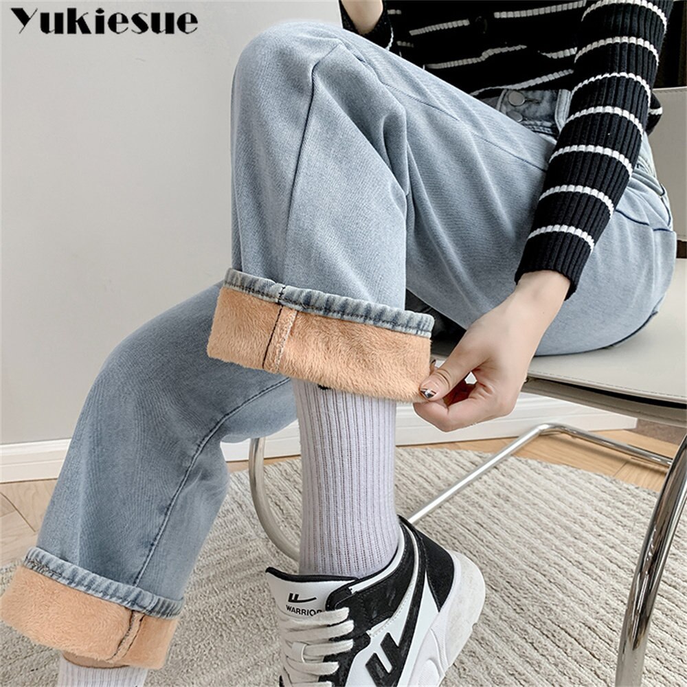 Women Winter Retro High Waist JeansThickenWarm Straight Loose Denim Pants Solid Color Vintage Harajuku Casual Fashio